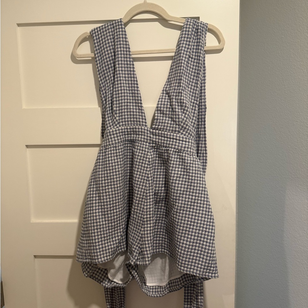 Blue and White Gingham Deep V Romper